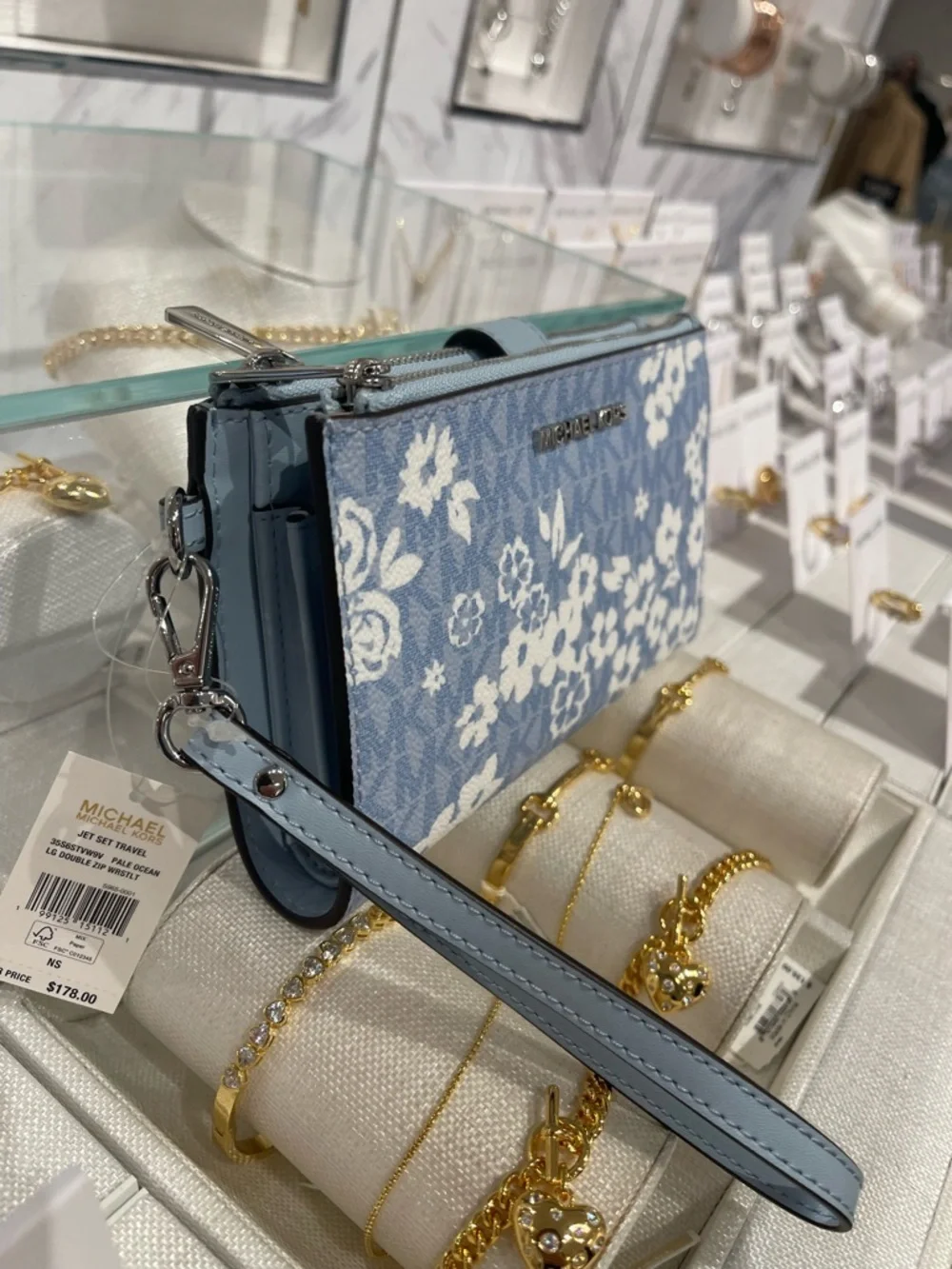 MICHAEL KORS JST Lg Double Zip Printed Signature Logo Wristlet Pale Ocean  NWT